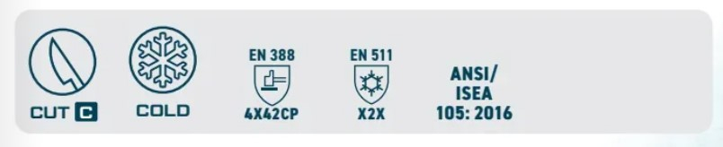 Bar with symbols that describe the product properties of the Anti Cut Winter Impact Protection Gloves A729. Can be viewed on the article page. Link is provided.