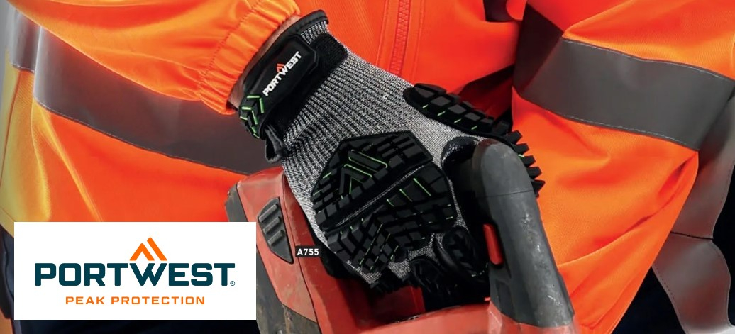 Image of the VHR15 nitrile foam impact protection glove A755 in grey, black and green, worn by a person in orange high-visibility clothing. In the lower left edge of the image is the Portwest brand logo against a white background.