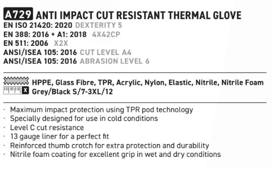 Description of the Anti Cut winter impact protection glove A729. Can be viewed on the article page. Link is provided.