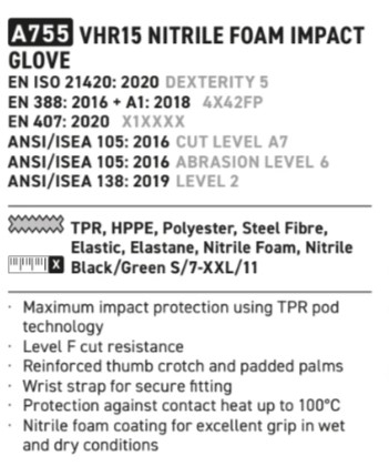 Description of the VHR15 Nitrile Foam Impact Protection Gloves A755. Can be viewed on the article page. Link is provided.