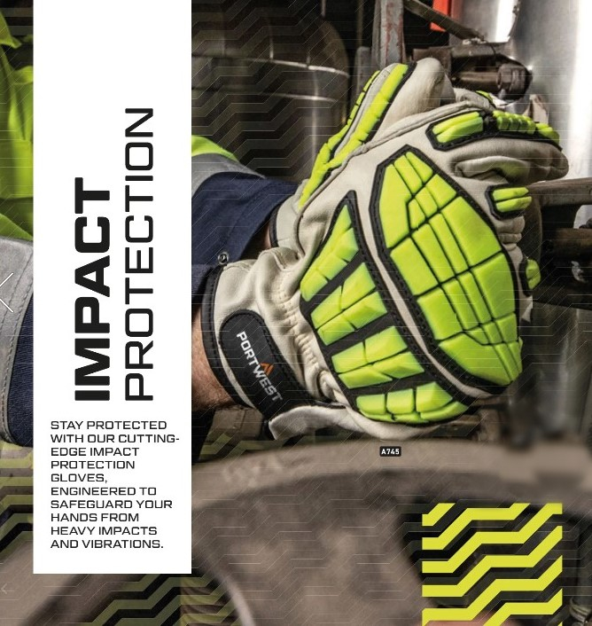 A worker is wearing brightly colored Portwest anti-impact gloves in yellow and black. The gloves are used when working with heavy machinery and offer protection against impacts and vibrations. On the left side is the text "Protection against impacts". A link to our anti-impact gloves is provided.