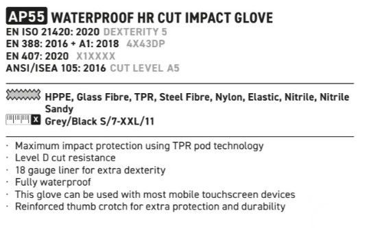 Description of the waterproof HR Cut impact protection glove AP55. Can be viewed on the article page. Link is provided.