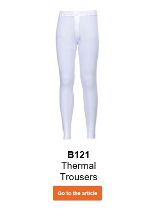 Image of the thermal trousers B121 in white with informative text and link to the article.