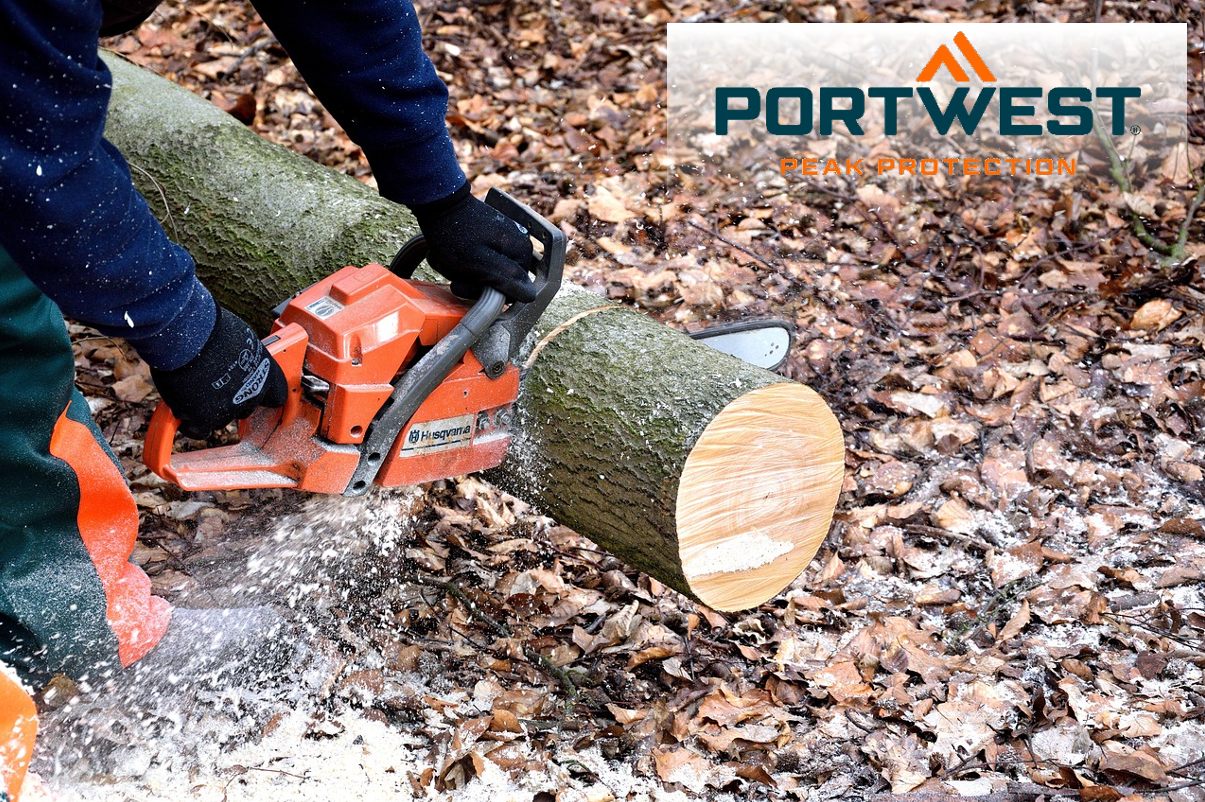 A person is seen using a chainsaw to saw through a tree trunk lying on the ground. In the background you can see brown autumn leaves and flying wood chips. In the upper right corner of the image is the Portwest logo in blue and orange against a transparent white background.   There is a link that leads to our chainsaw clothing.