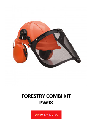 Image of the forest worker set PW98 in orange with hearing protection and black face visor. Below there is the article name and an orange button that leads to the article.