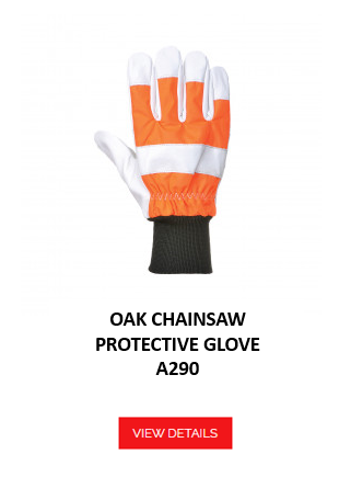 Image of the A290 chainsaw glove in orange, white and black. Below there is the article name and an orange button that leads to the article.