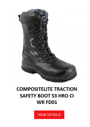 Image of the Portwest Compositelite Traction safety boot HRO CI WR FD01 in black with an orange button and a link to the article.