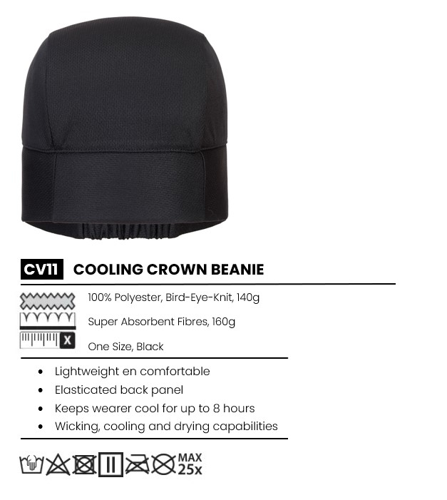 Black CV11 cooling hat made of 100% polyester, bird-eye knit, 140g, with highly absorbent fibers, 160g. One size, elastic back. Lightweight and comfortable, keeps you cool for up to 8 hours, with absorbing, cooling and drying functions. A link to the article is provided.