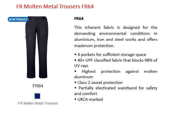 FR molten metal trousers FR64 in dark blue with link to the article.