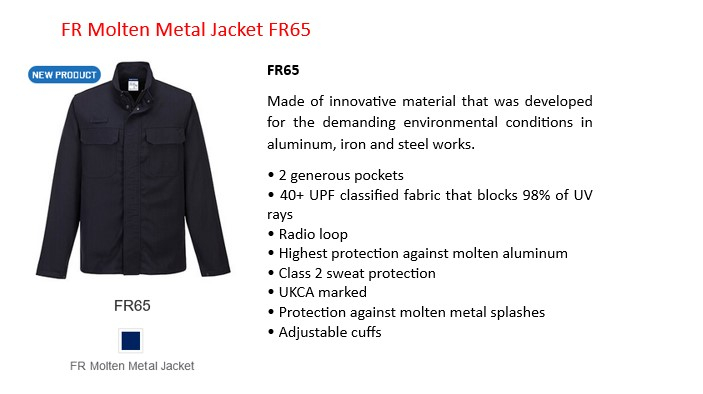 FR jacket against molten metal FR65 in dark blue with a link that leads to the article page.