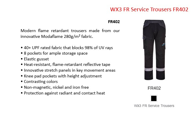 WX3 FR service trousers FR402 in black with reflective stripes and a link that leads to the article page.