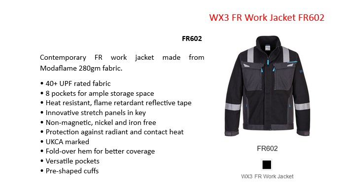 WX3 FR work jacket FR602 in black with reflective stripes and a link that leads to the article page.