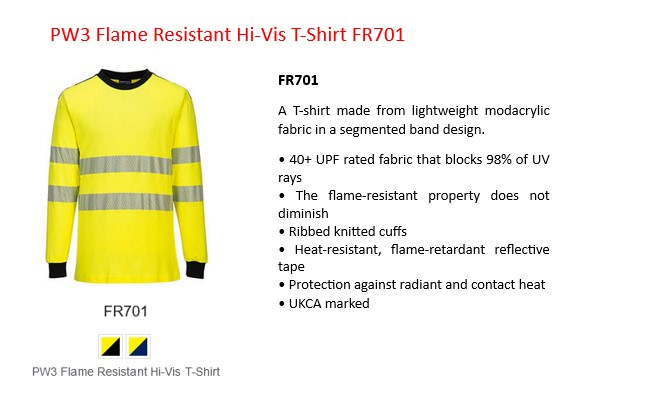 WX3 flame retardant high visibility T-shirt FR701 in yellow with reflective stripes and a link to the product page.