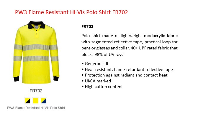 WX3 Flame Retardant Hi-Vis Polo Shirt FR702 in yellow with reflective stripes and a link to the product page.