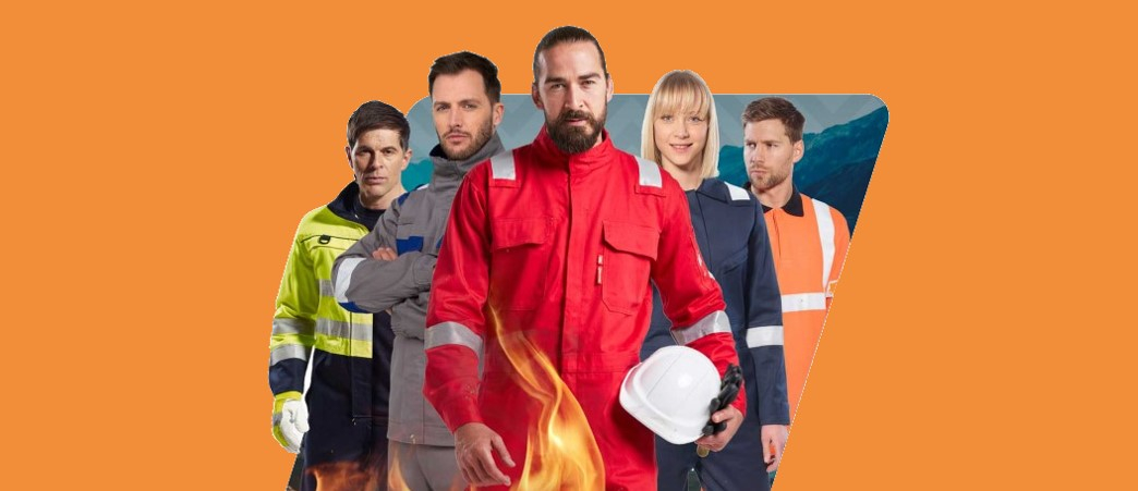 Five workers in flame-resistant protective clothing. Flames can be seen in the lower part of the image. The image is highlighted in orange.