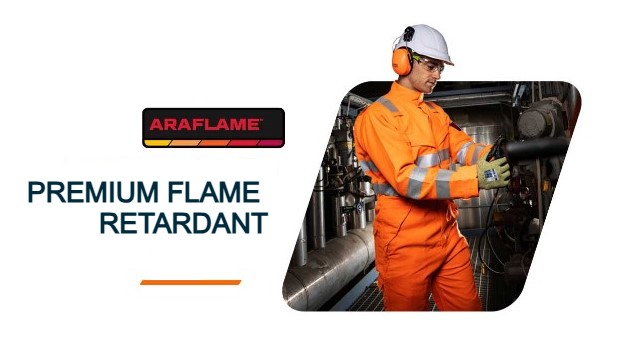 Araflame collection logo and the words "ultimate inherent flame protection" next to an image of a worker in orange flame retardant protective clothing and white helmet. He is working in a room with steel pipes and ducts. A link to our Araflame collection is included.