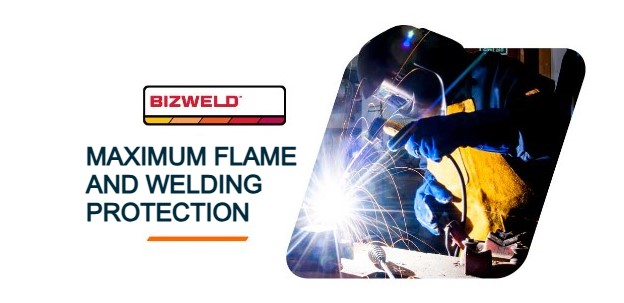 Bizweld collection logo and the following headline: Maximum flame and welding protection. Next to it is an image showing a person in protective clothing welding. There is a link to our Bizweld collection.