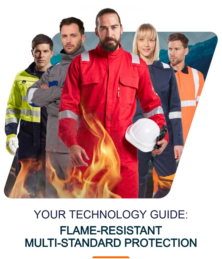 Five workers in flame-resistant protective clothing. Flames can be seen in the lower part of the image. There is a link to our flame-resistant protective clothing.